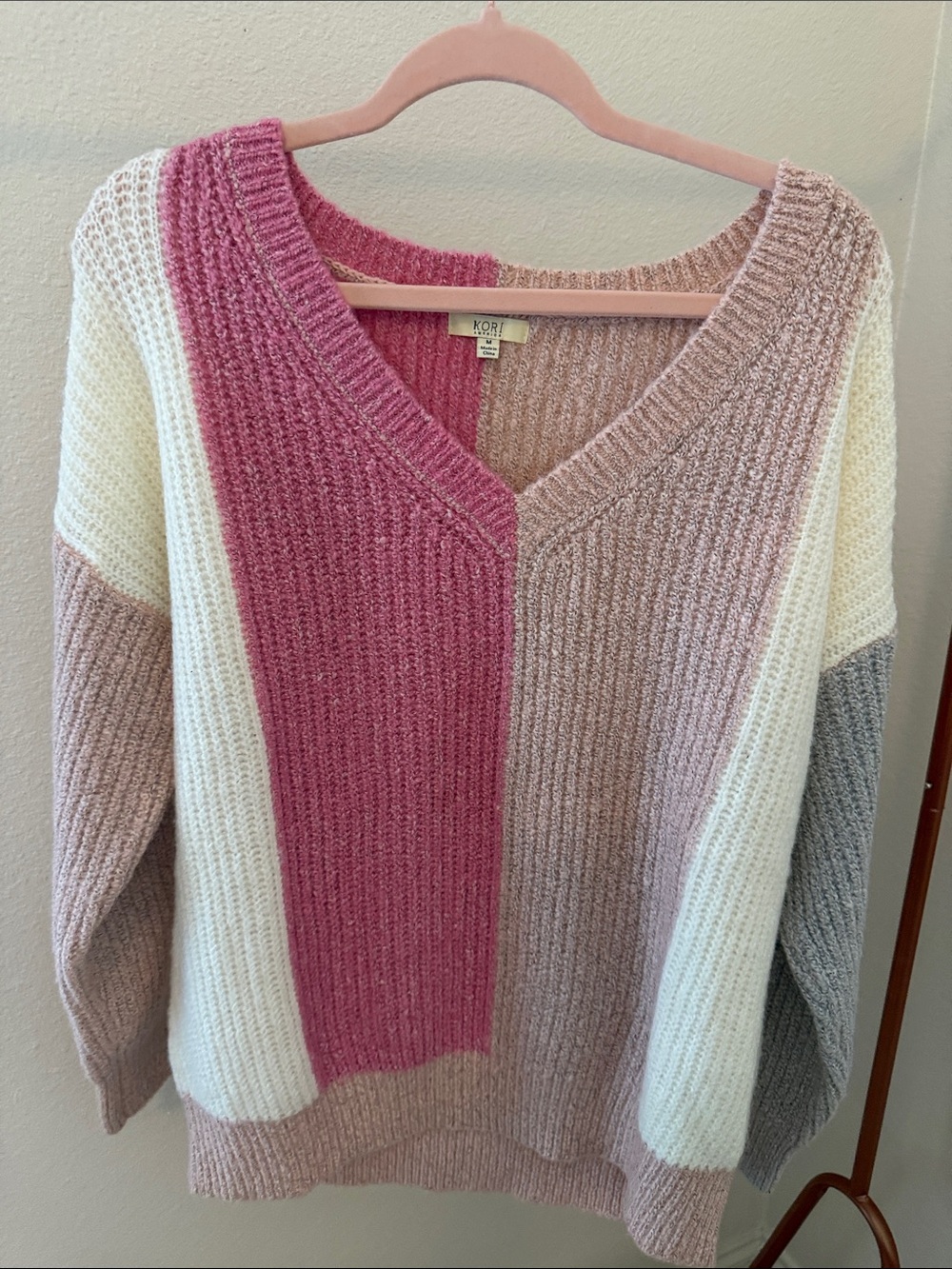 Kori Pink, Cream & Taupe Colorblock V‑Neck Sweater